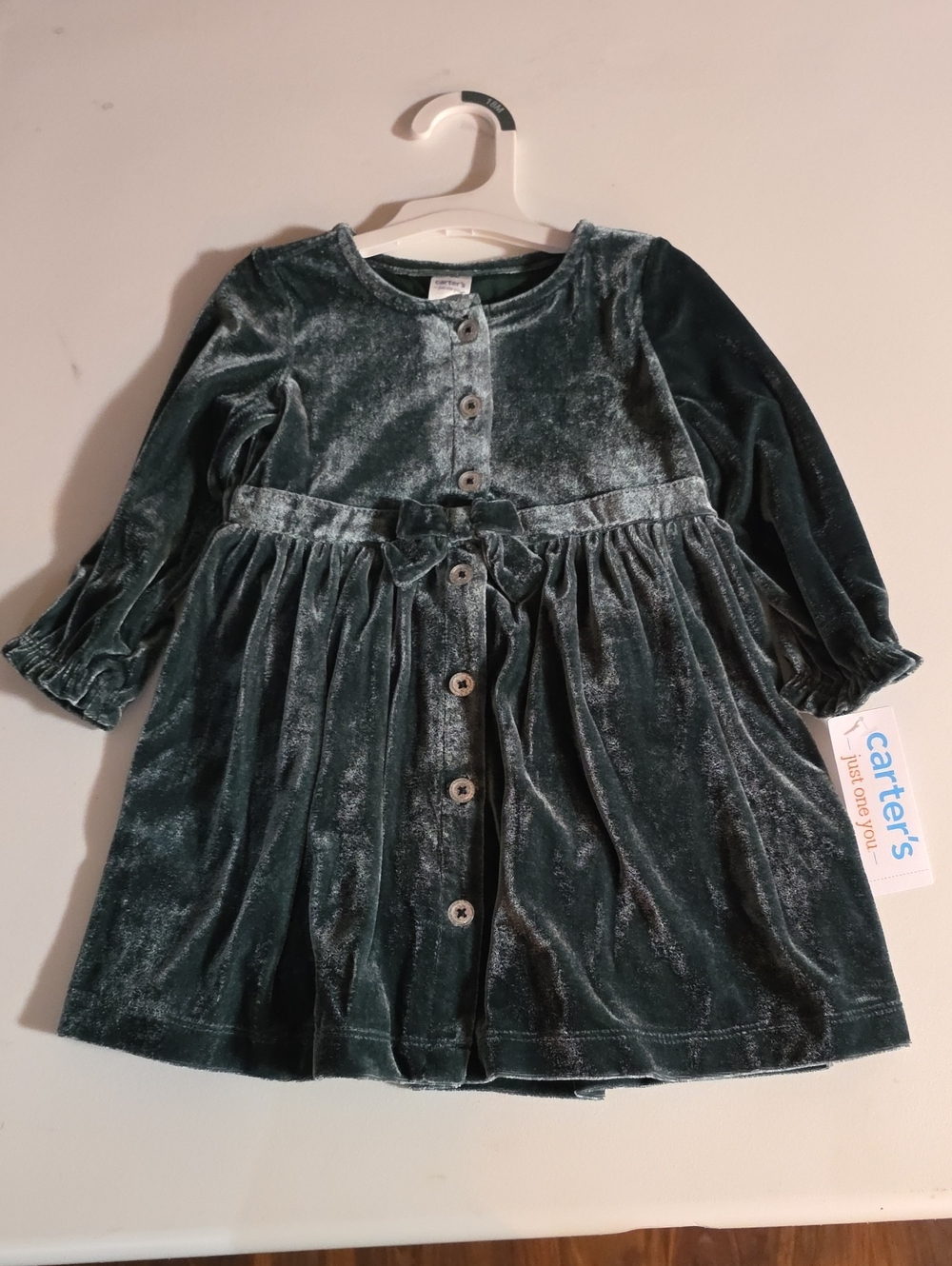 Carter's Dark Green Velvet Button-Front Dress with Bow